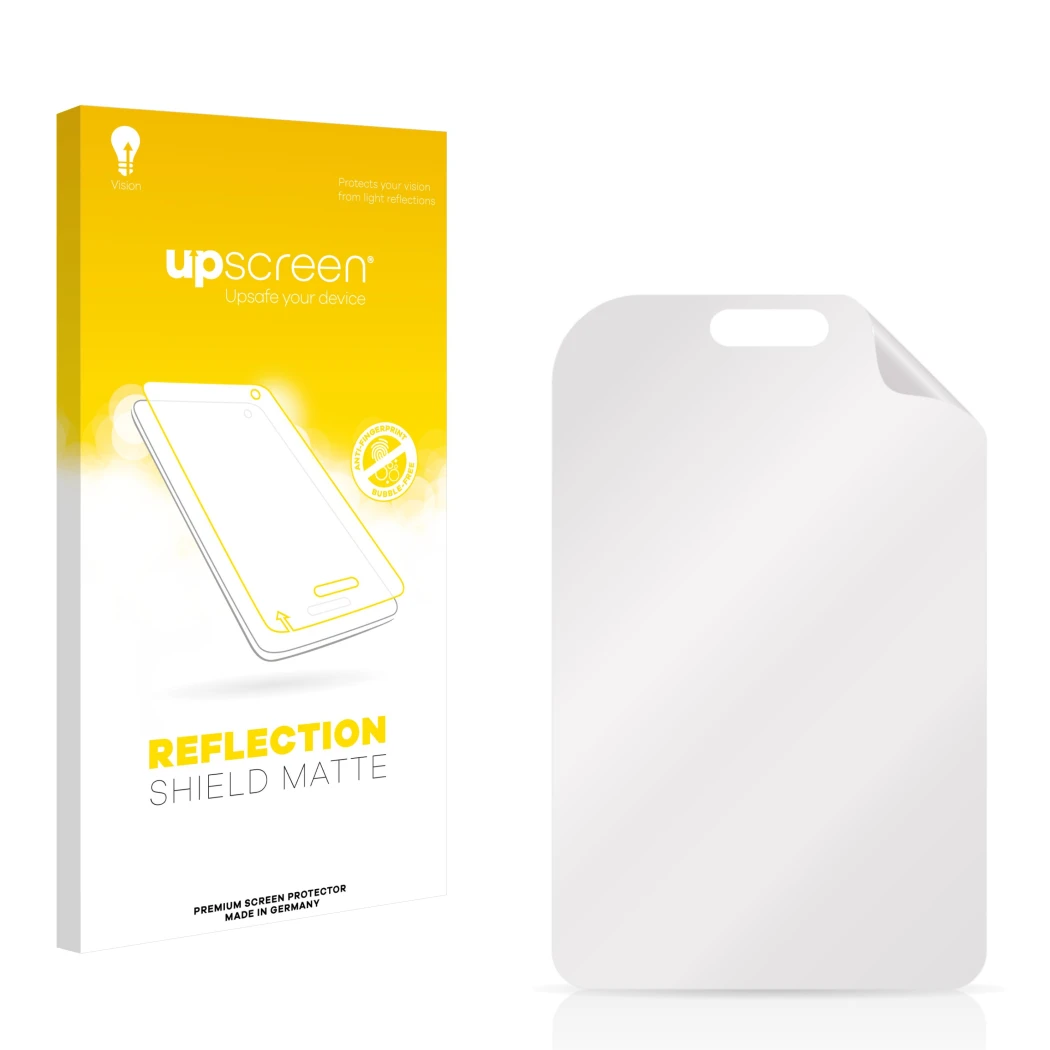 Face avant d’un emballage produit avec le logo de la marque upscreen. À côté se trouve la protection d’écran correspondante.