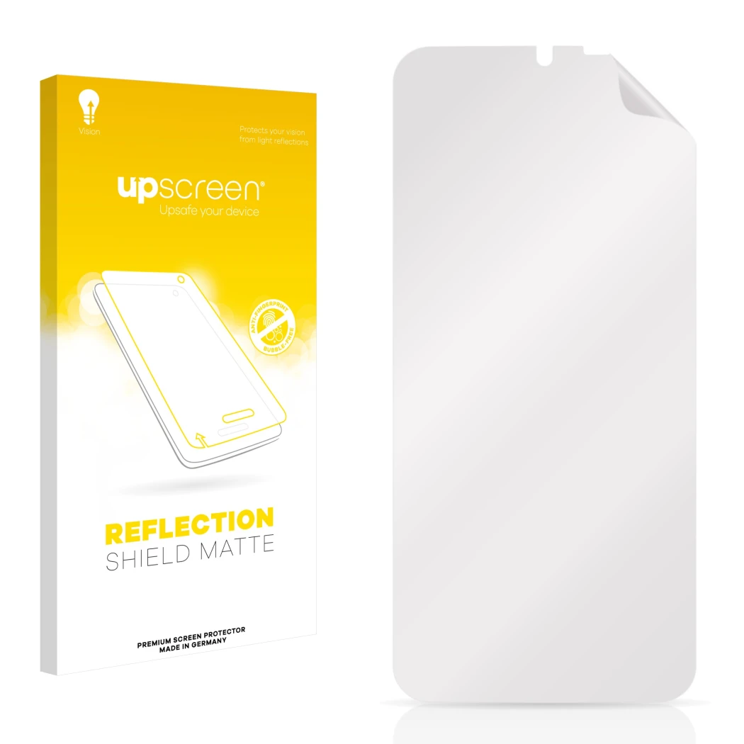 Face avant d’un emballage produit avec le logo de la marque upscreen. À côté se trouve la protection d’écran correspondante.