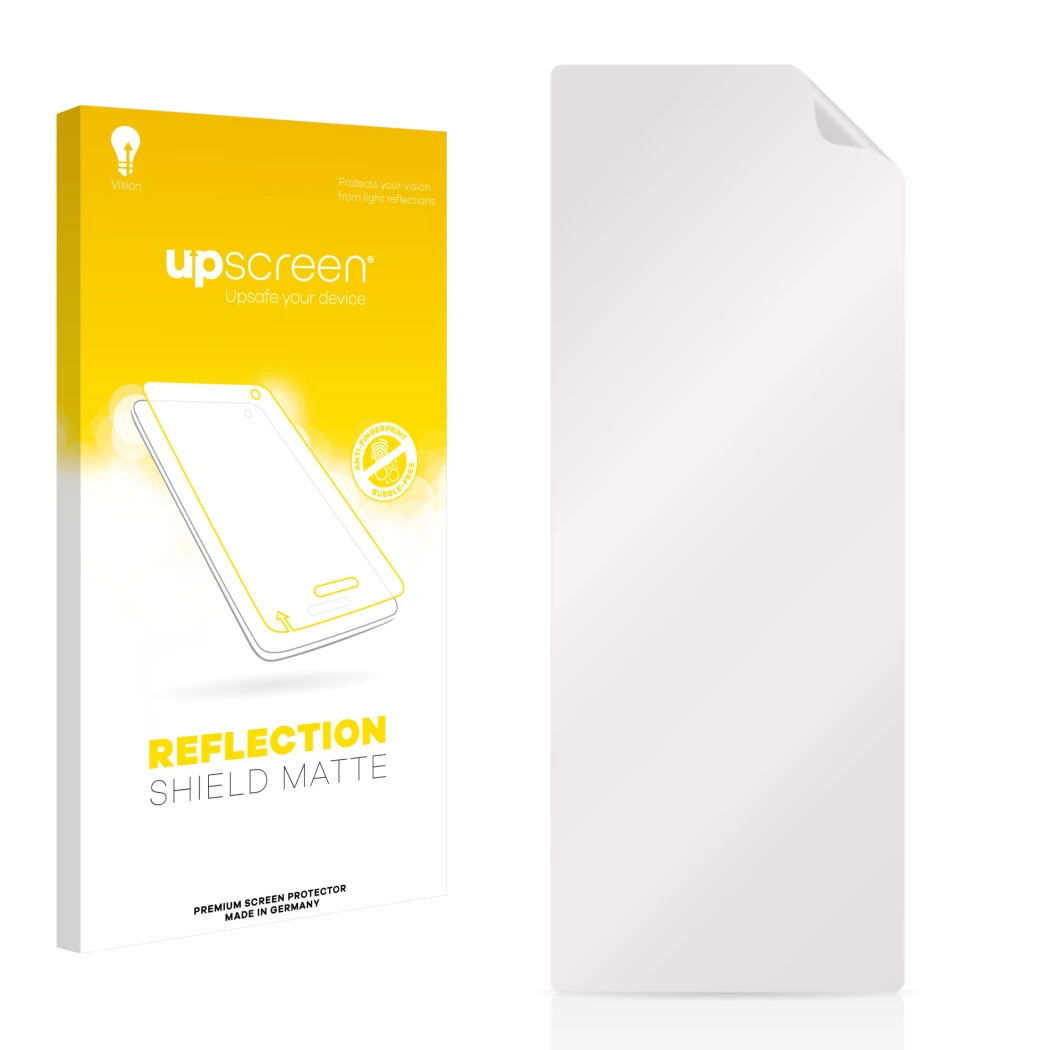Face avant d’un emballage produit avec le logo de la marque upscreen. À côté se trouve la protection d’écran correspondante.