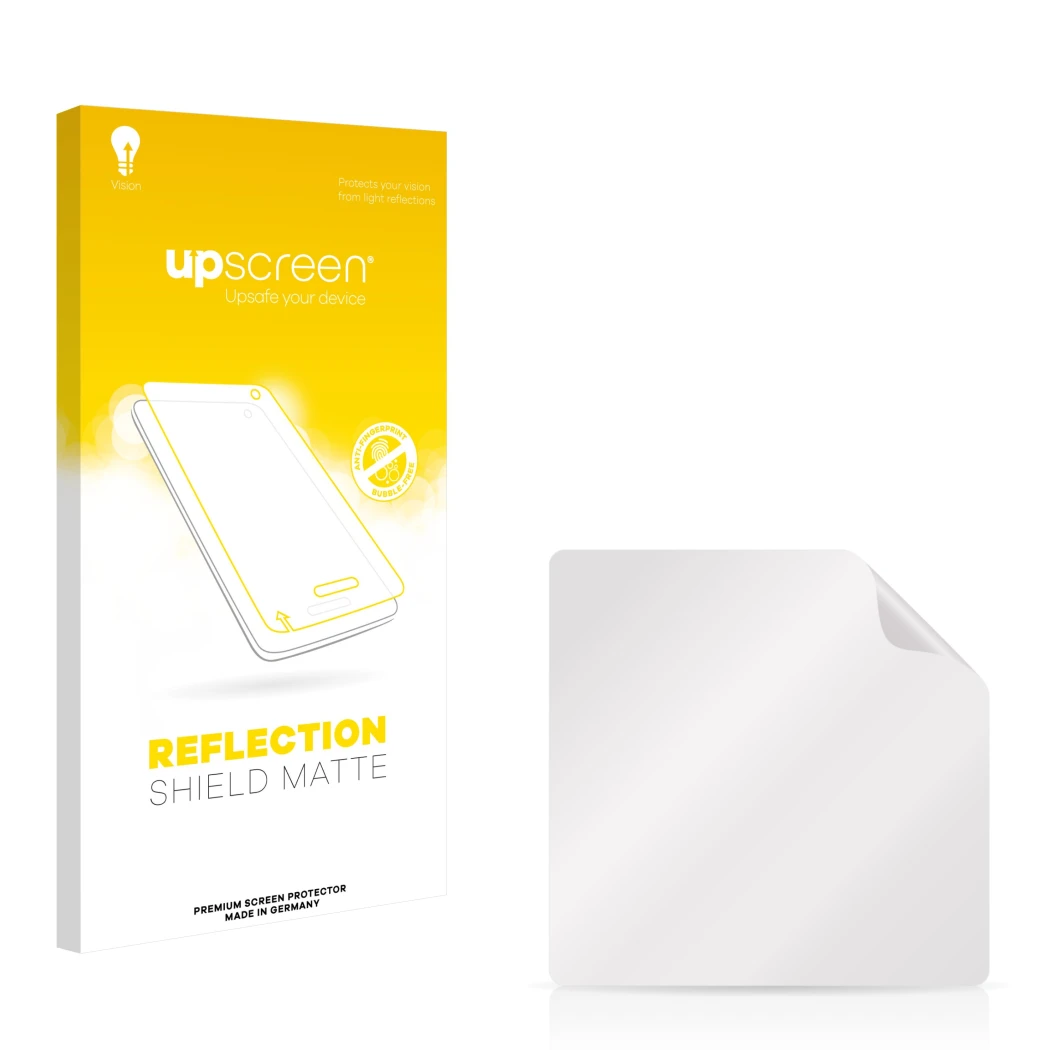 Face avant d’un emballage produit avec le logo de la marque upscreen. À côté se trouve la protection d’écran correspondante.