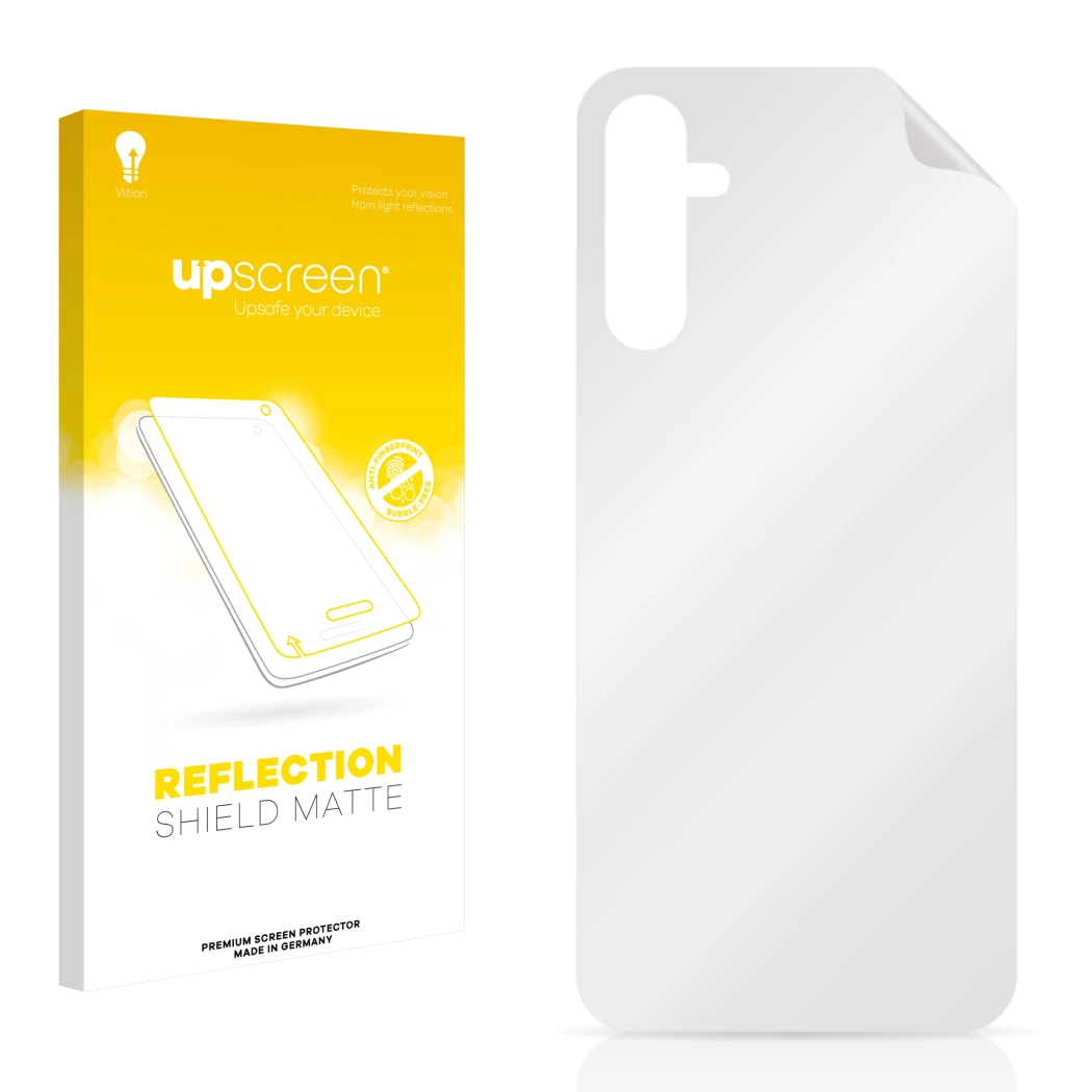 Face avant d’un emballage produit avec le logo de la marque upscreen. À côté se trouve la protection d’écran correspondante.