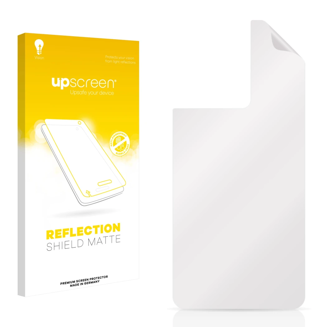 Face avant d’un emballage produit avec le logo de la marque upscreen. À côté se trouve la protection d’écran correspondante.