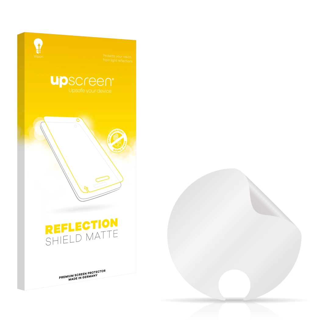 Face avant d’un emballage produit avec le logo de la marque upscreen. À côté se trouve la protection d’écran correspondante.