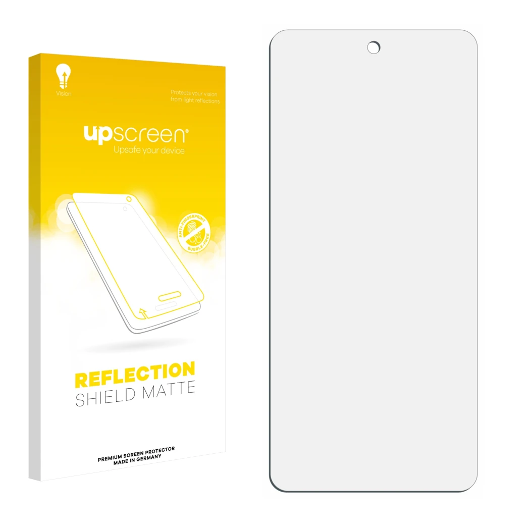 Face avant d’un emballage produit avec le logo de la marque upscreen. À côté se trouve la protection d’écran correspondante.