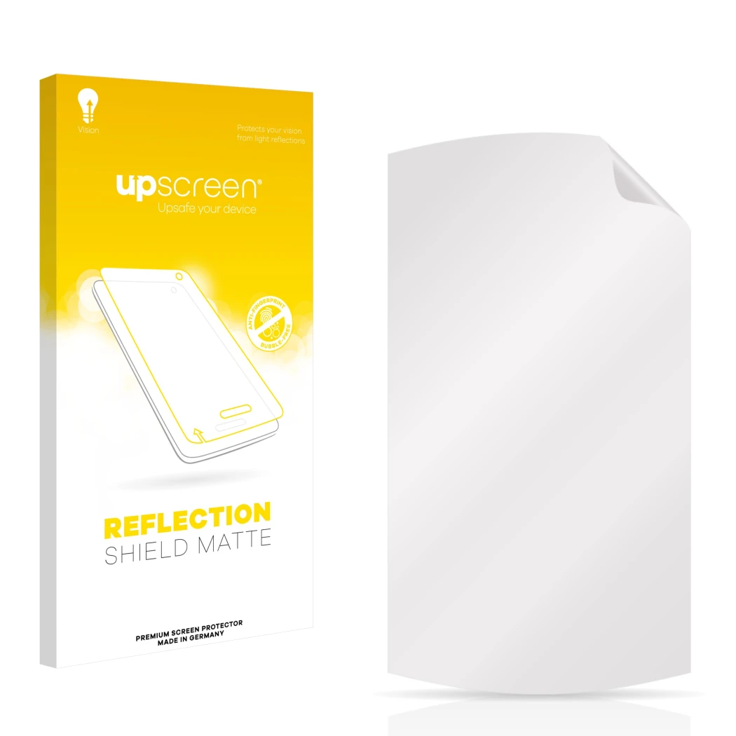 Face avant d’un emballage produit avec le logo de la marque upscreen. À côté se trouve la protection d’écran correspondante.