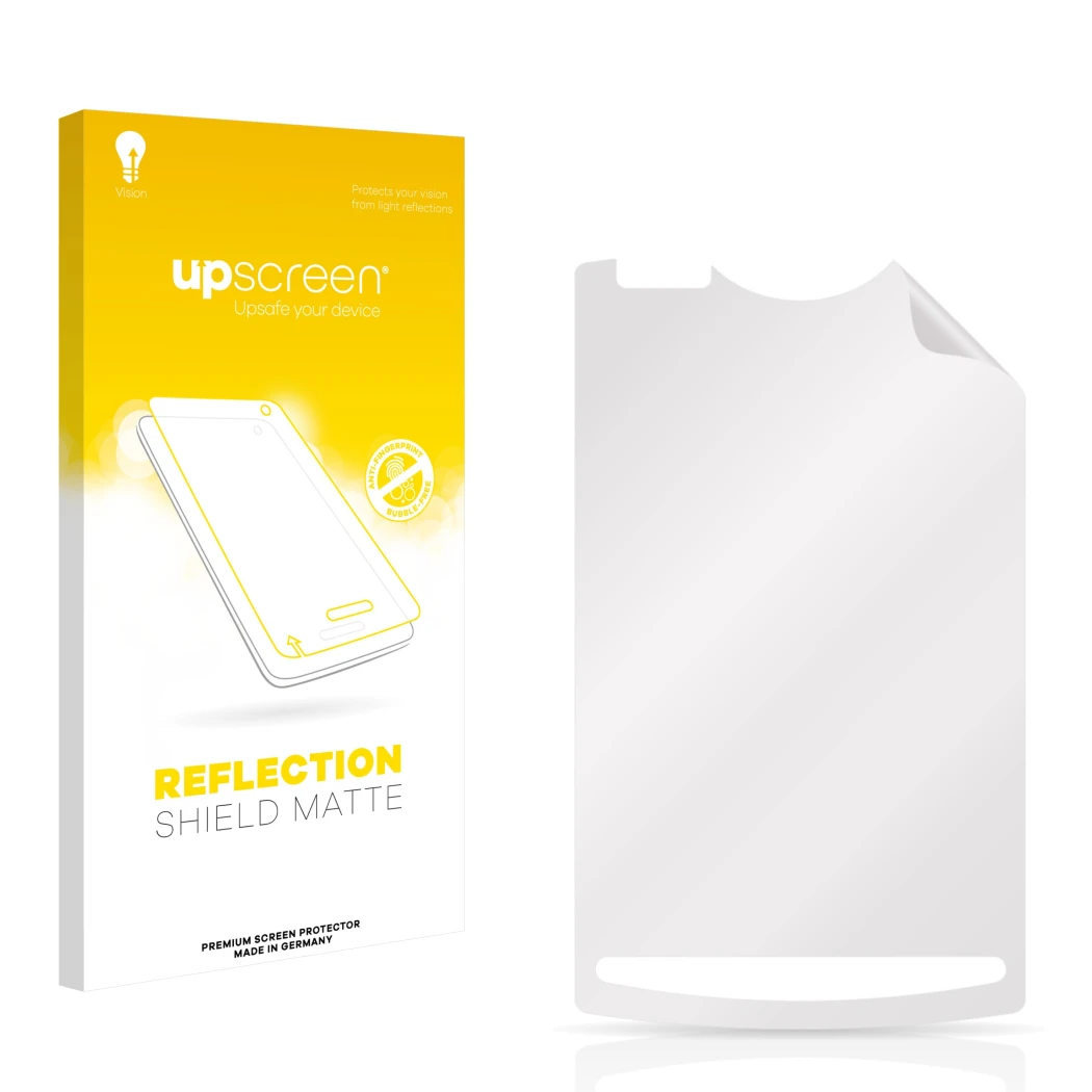 Face avant d’un emballage produit avec le logo de la marque upscreen. À côté se trouve la protection d’écran correspondante.