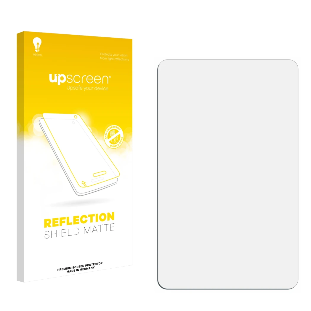 Face avant d’un emballage produit avec le logo de la marque upscreen. À côté se trouve la protection d’écran correspondante.