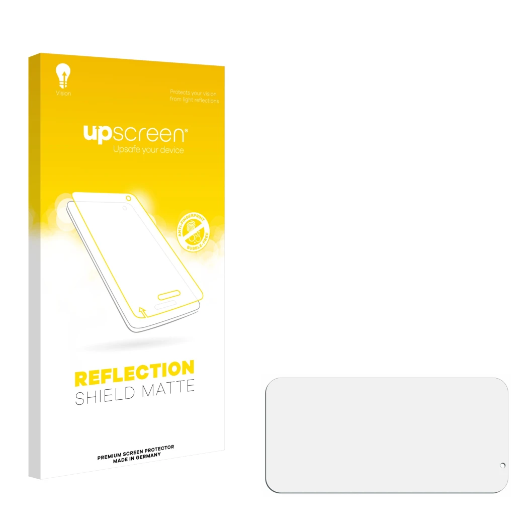Face avant d’un emballage produit avec le logo de la marque upscreen. À côté se trouve la protection d’écran correspondante.