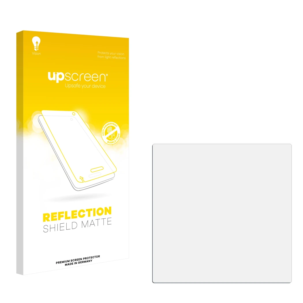 Face avant d’un emballage produit avec le logo de la marque upscreen. À côté se trouve la protection d’écran correspondante.