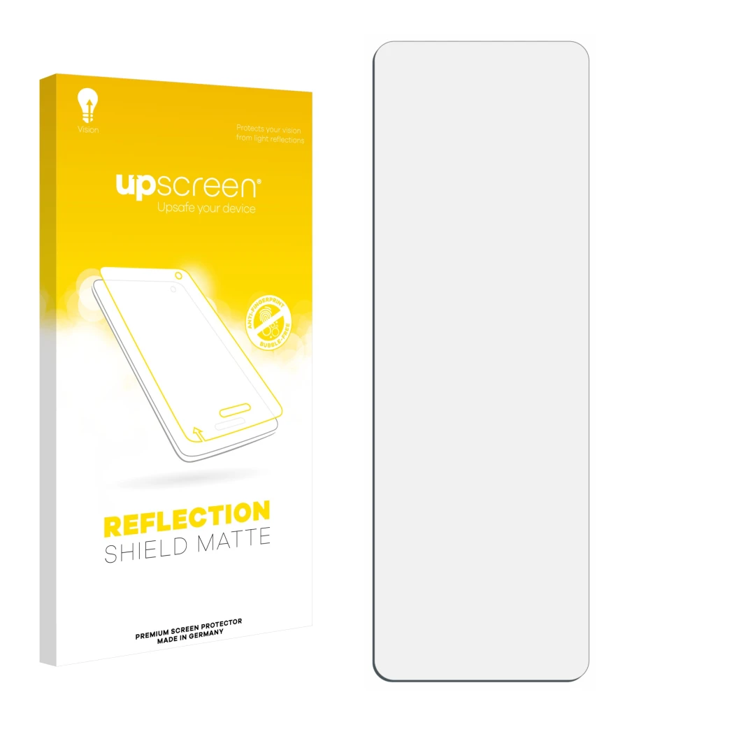 Face avant d’un emballage produit avec le logo de la marque upscreen. À côté se trouve la protection d’écran correspondante.
