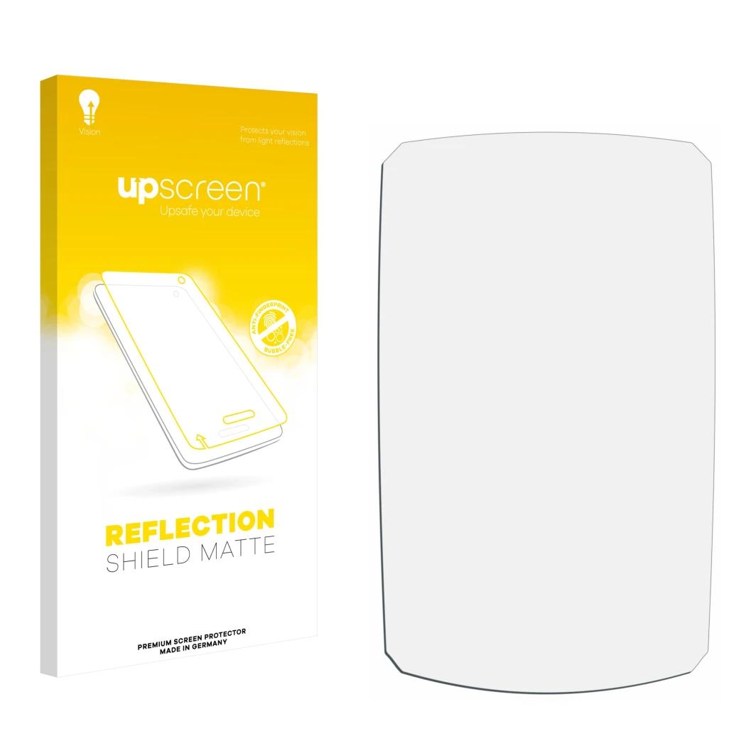Face avant d’un emballage produit avec le logo de la marque upscreen. À côté se trouve la protection d’écran correspondante.