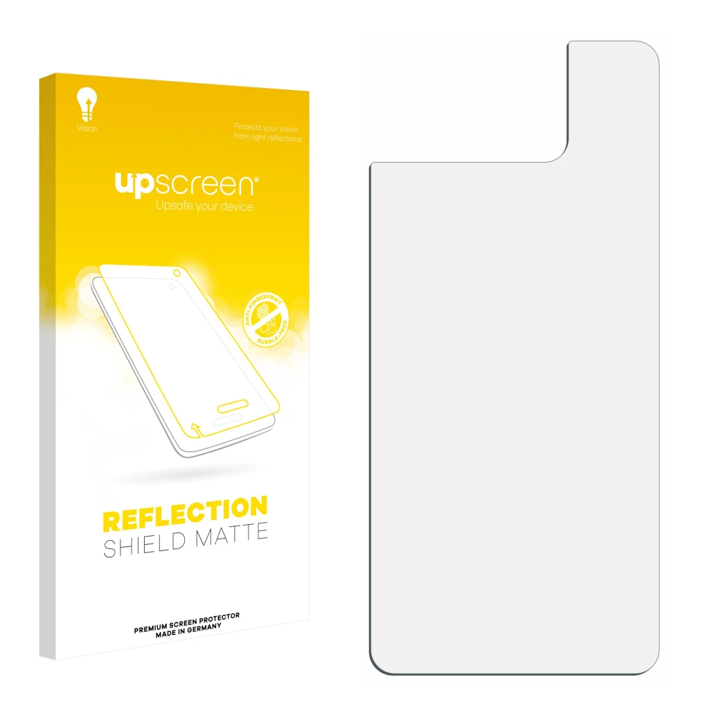Face avant d’un emballage produit avec le logo de la marque upscreen. À côté se trouve la protection d’écran correspondante.