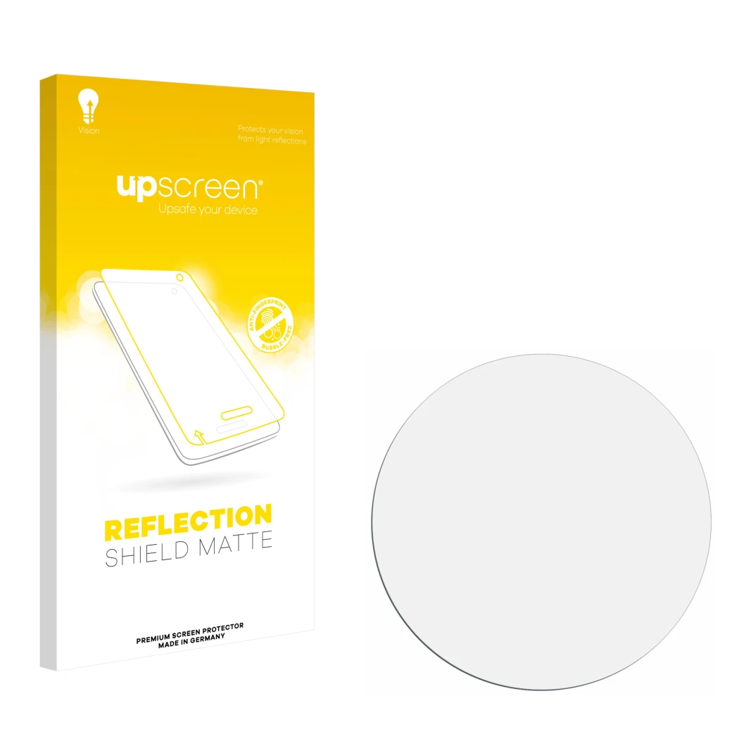 Face avant d’un emballage produit avec le logo de la marque upscreen. À côté se trouve la protection d’écran correspondante.