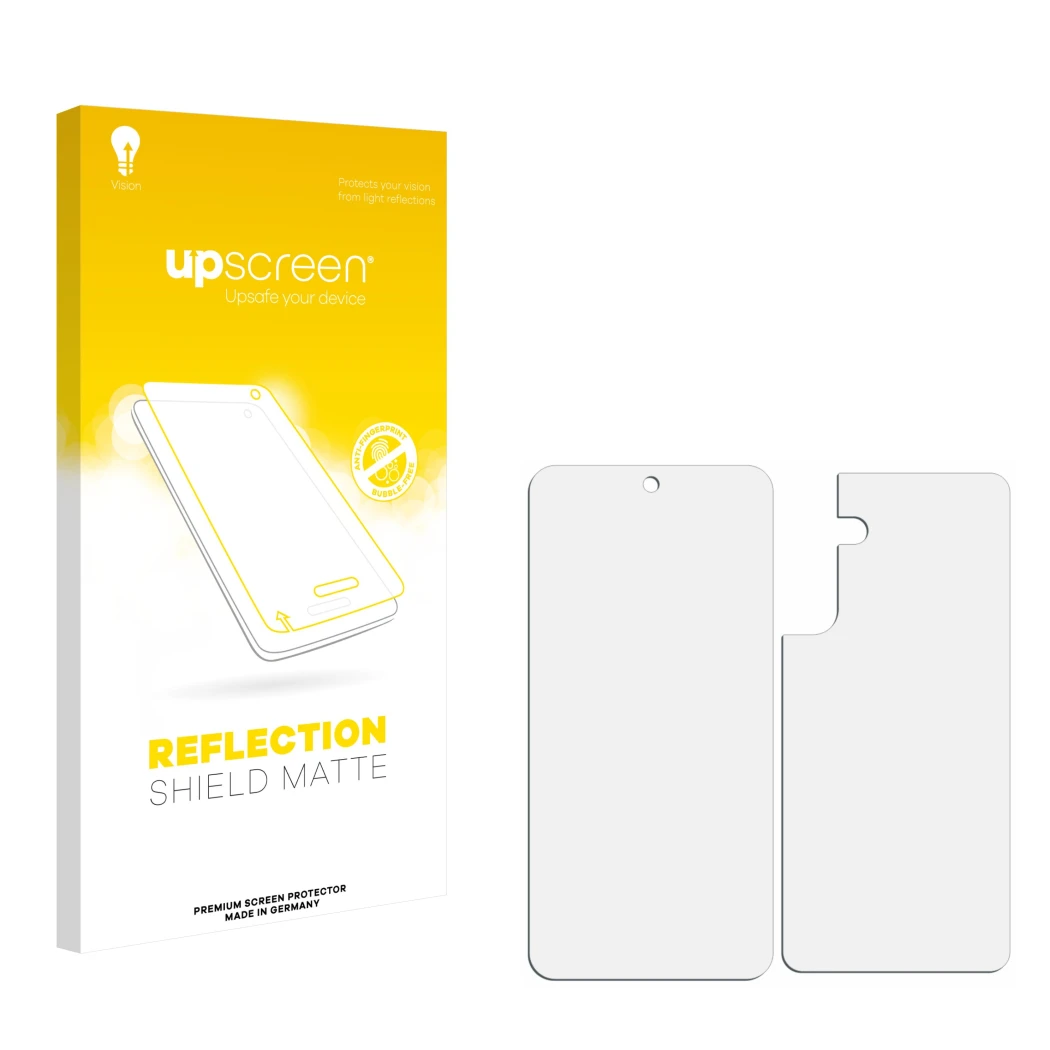Face avant d’un emballage produit avec le logo de la marque upscreen. À côté se trouve la protection d’écran correspondante.