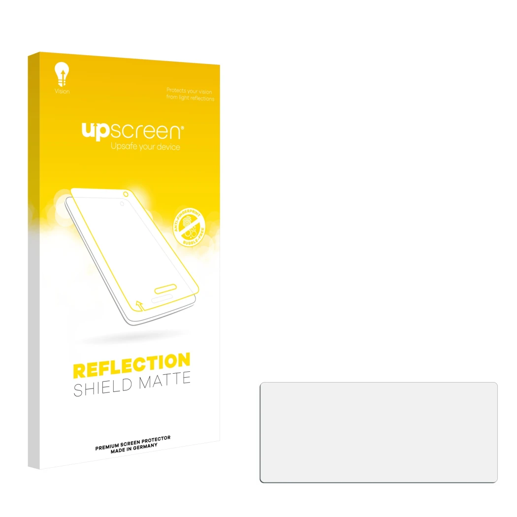 Face avant d’un emballage produit avec le logo de la marque upscreen. À côté se trouve la protection d’écran correspondante.
