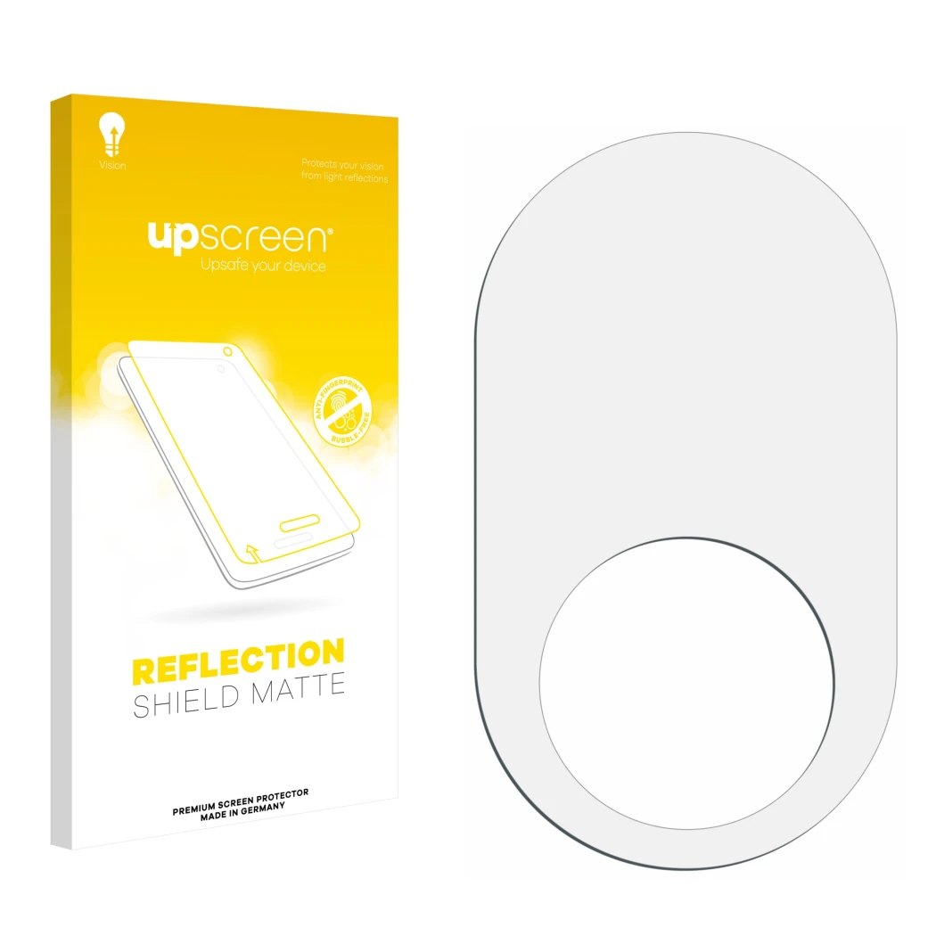 Face avant d’un emballage produit avec le logo de la marque upscreen. À côté se trouve la protection d’écran correspondante.