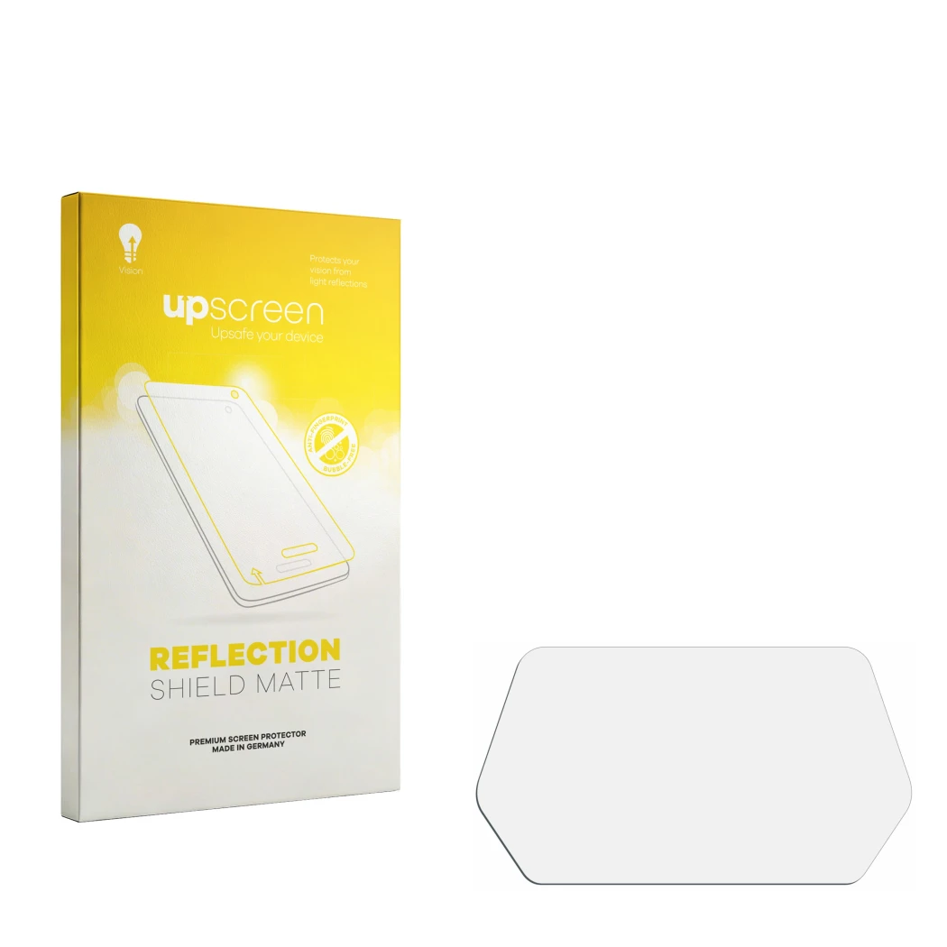 Face avant d’un emballage produit avec le logo de la marque upscreen. À côté se trouve la protection d’écran correspondante.