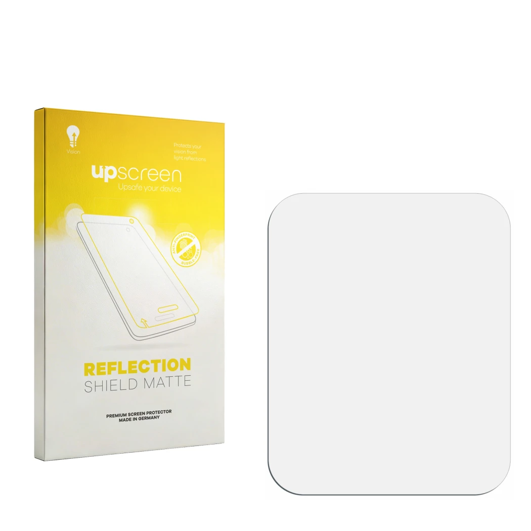 Face avant d’un emballage produit avec le logo de la marque upscreen. À côté se trouve la protection d’écran correspondante.