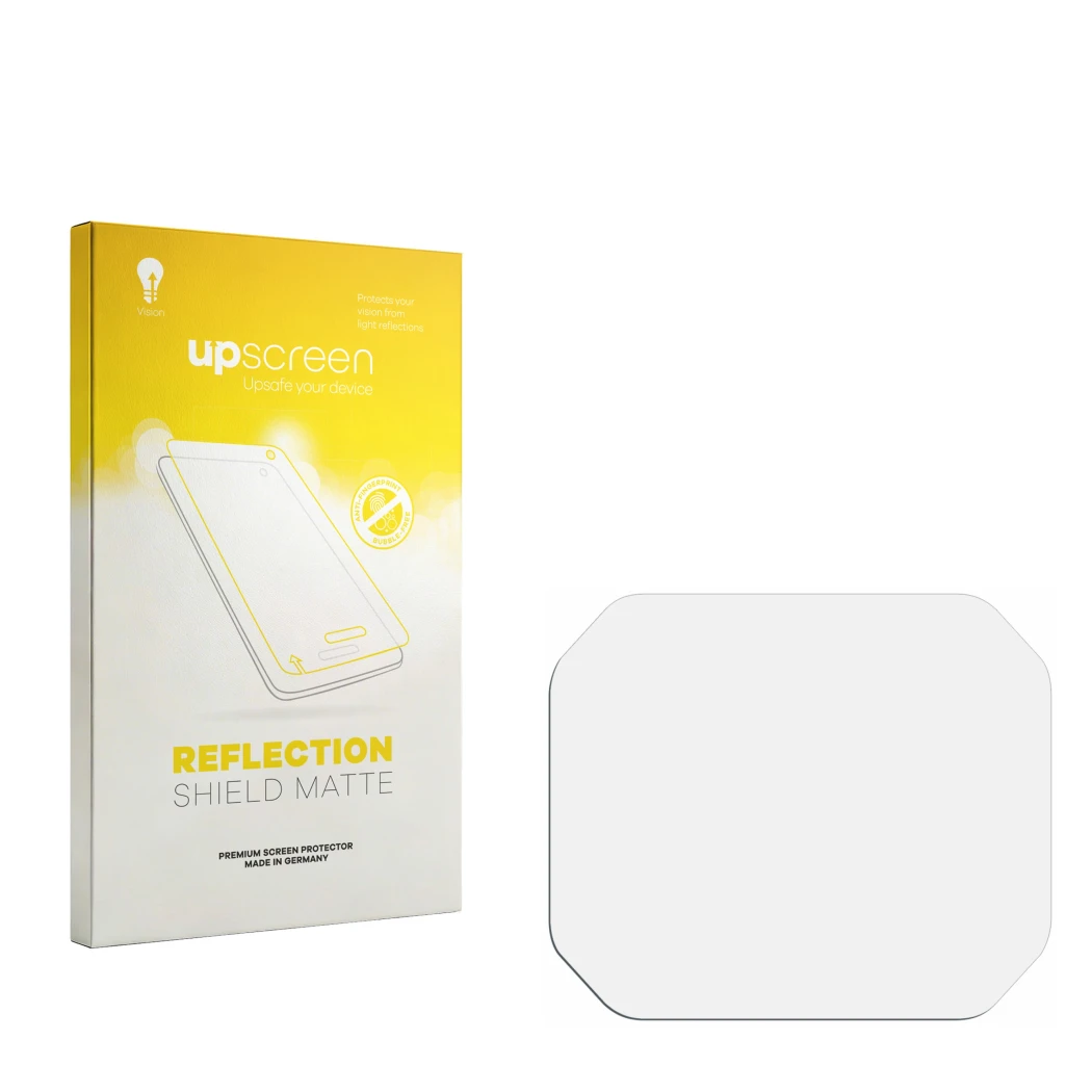 Face avant d’un emballage produit avec le logo de la marque upscreen. À côté se trouve la protection d’écran correspondante.