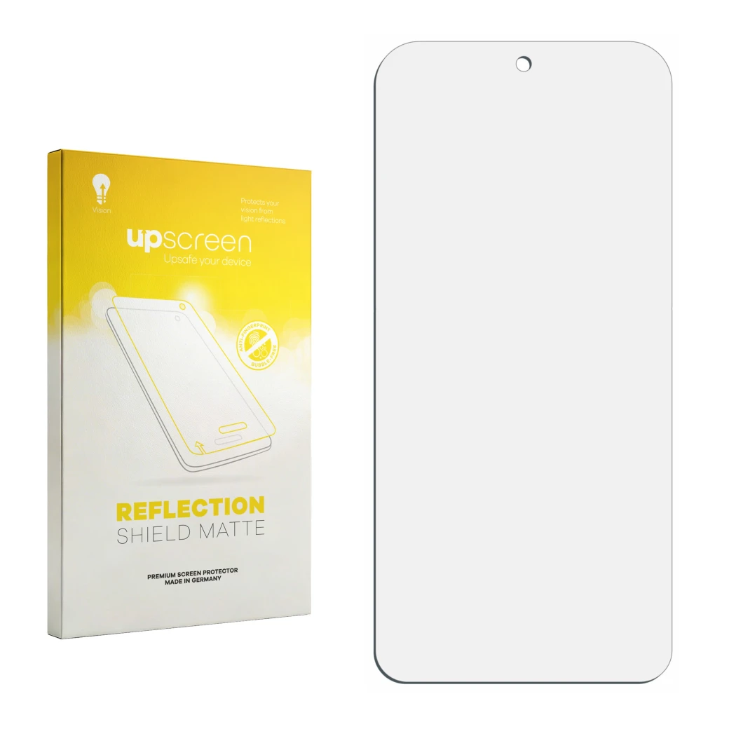 Face avant d’un emballage produit avec le logo de la marque upscreen. À côté se trouve la protection d’écran correspondante.