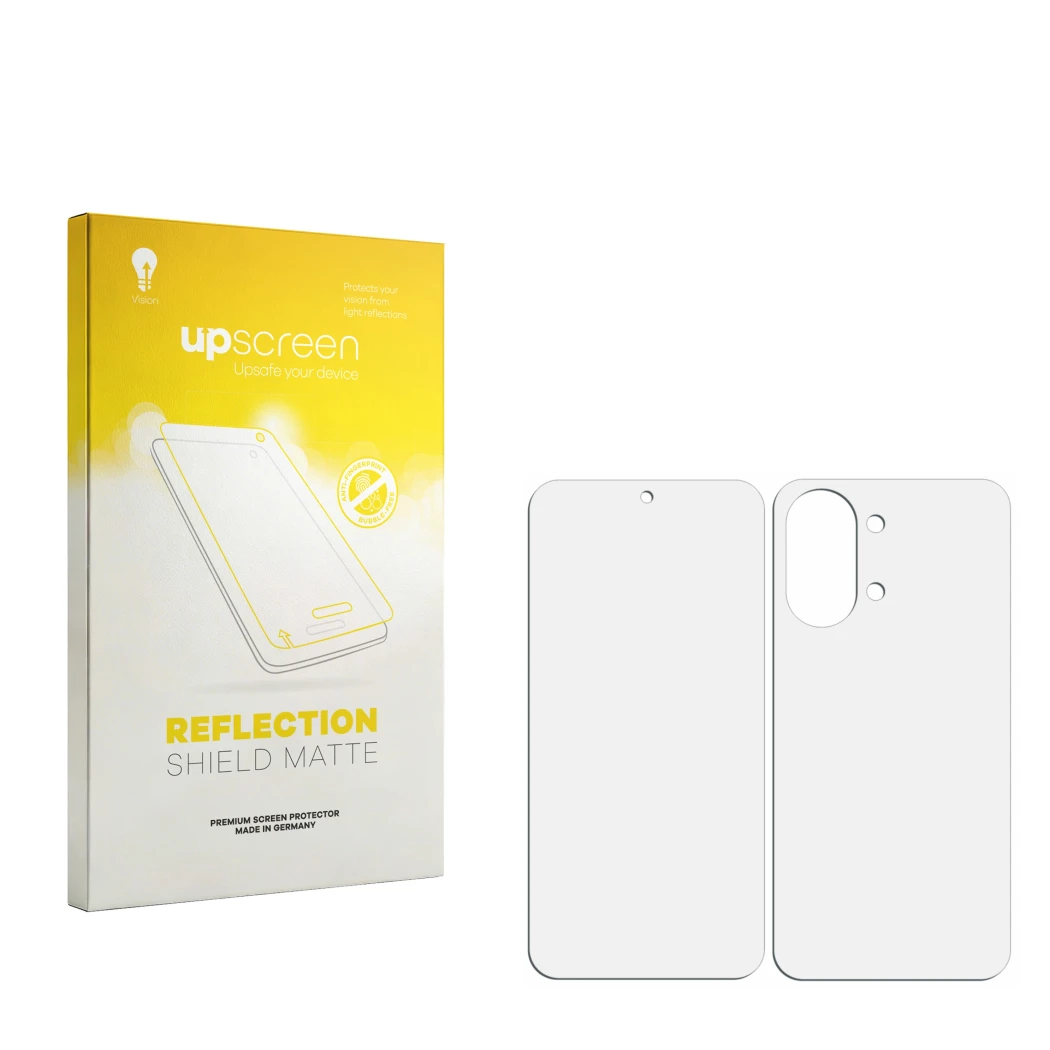 Face avant d’un emballage produit avec le logo de la marque upscreen. À côté se trouve la protection d’écran correspondante.