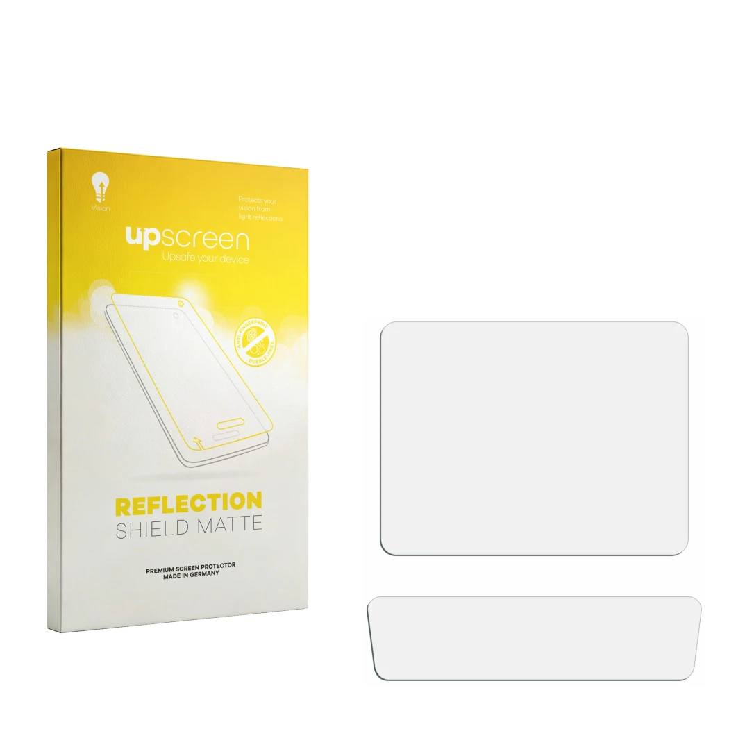 Face avant d’un emballage produit avec le logo de la marque upscreen. À côté se trouve la protection d’écran correspondante.
