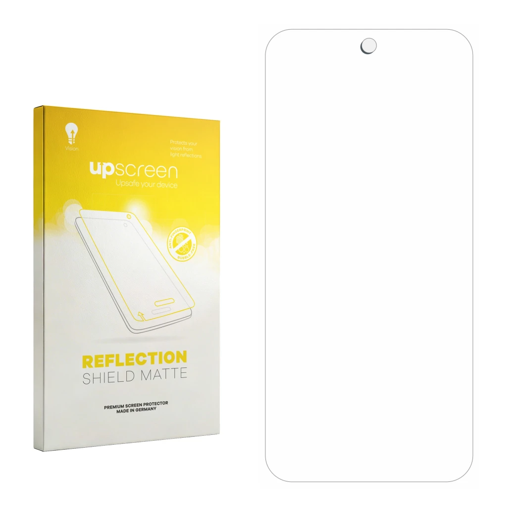 Face avant d’un emballage produit avec le logo de la marque upscreen. À côté se trouve la protection d’écran correspondante.