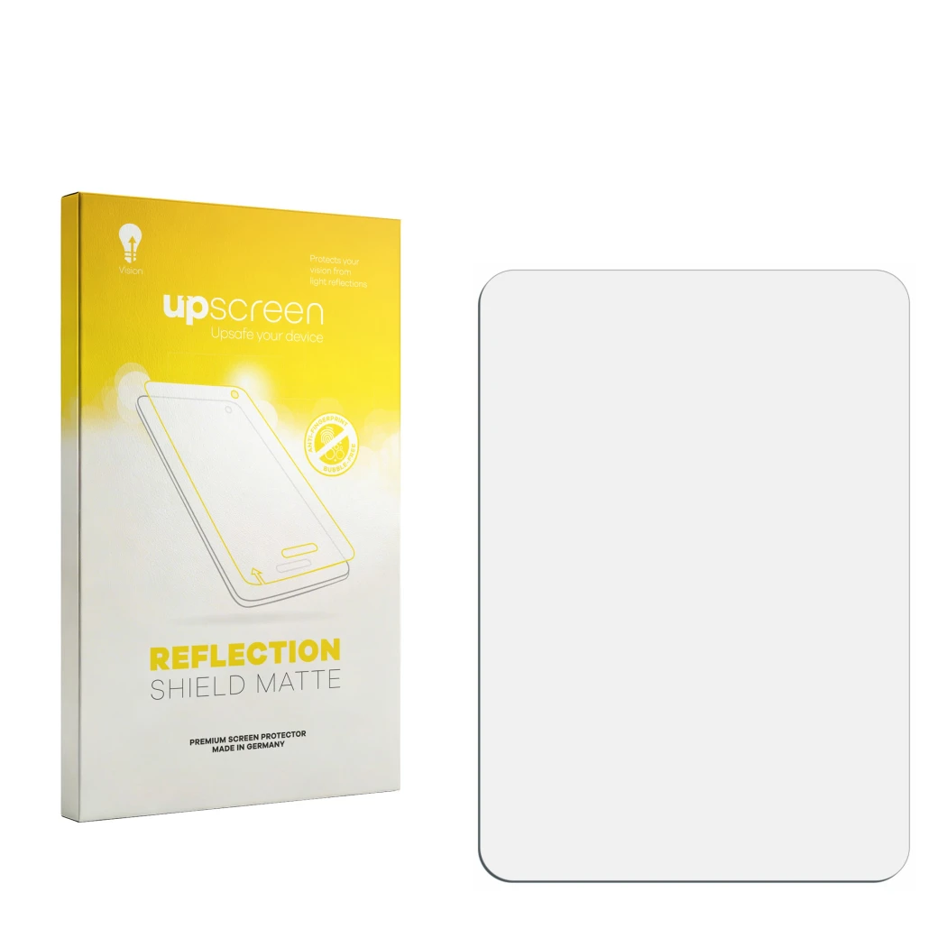 Face avant d’un emballage produit avec le logo de la marque upscreen. À côté se trouve la protection d’écran correspondante.