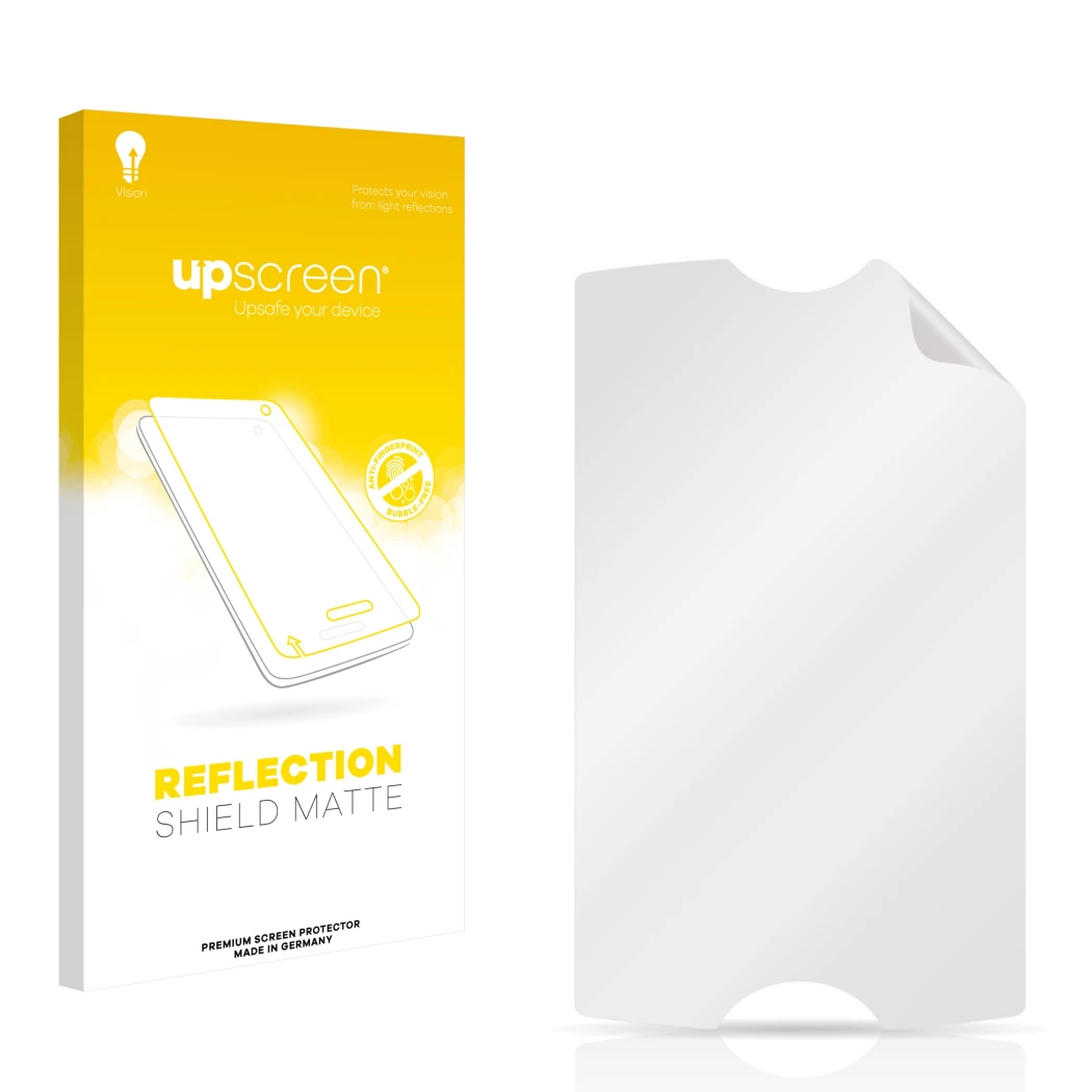 Face avant d’un emballage produit avec le logo de la marque upscreen. À côté se trouve la protection d’écran correspondante.