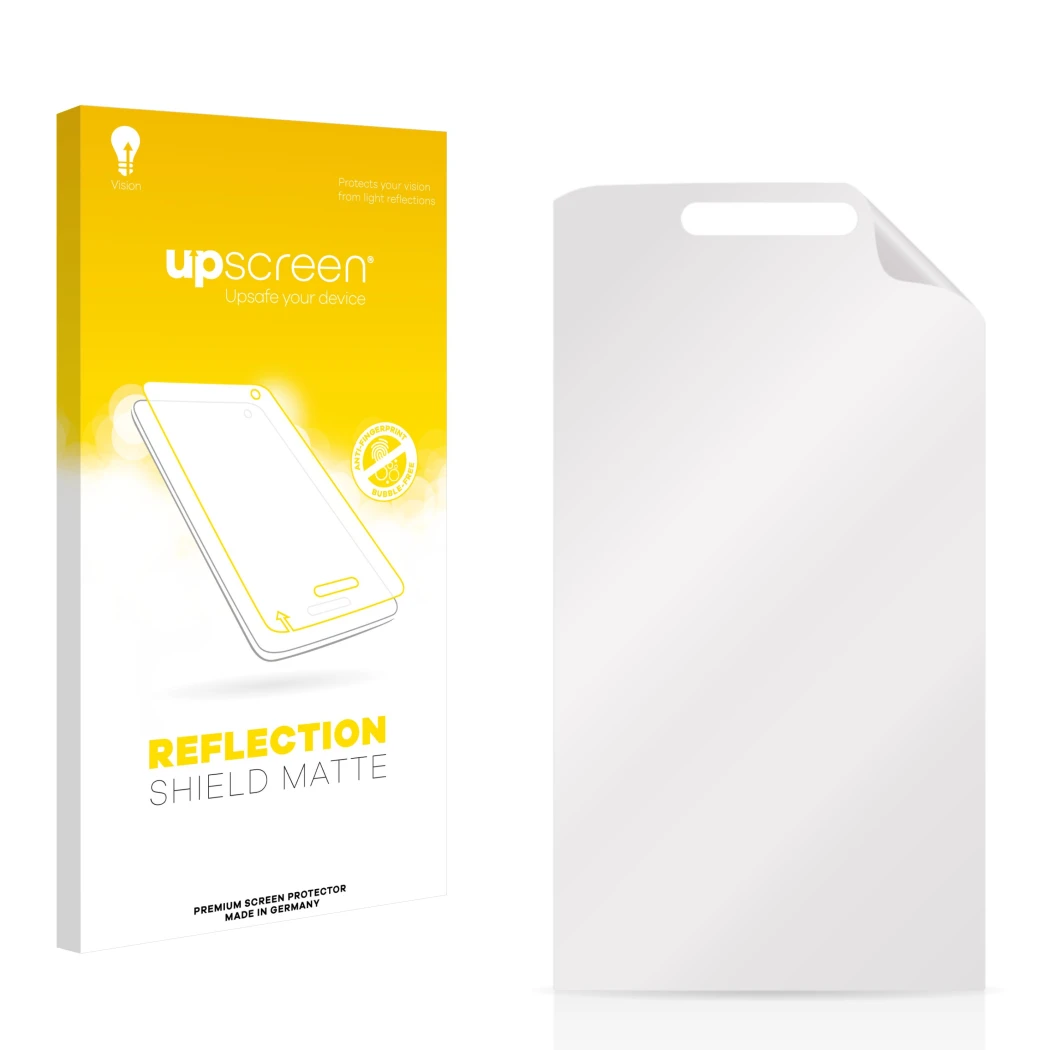 Face avant d’un emballage produit avec le logo de la marque upscreen. À côté se trouve la protection d’écran correspondante.