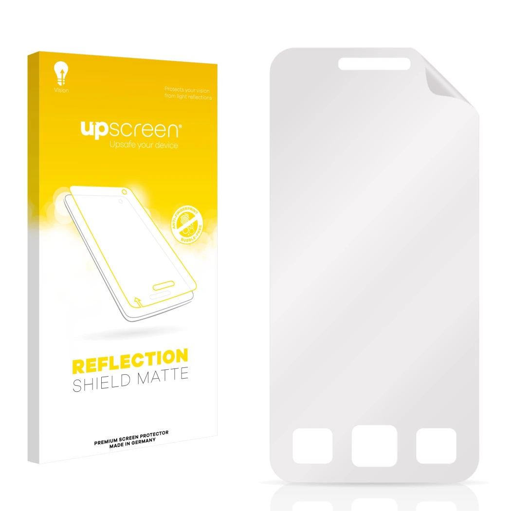 Face avant d’un emballage produit avec le logo de la marque upscreen. À côté se trouve la protection d’écran correspondante.