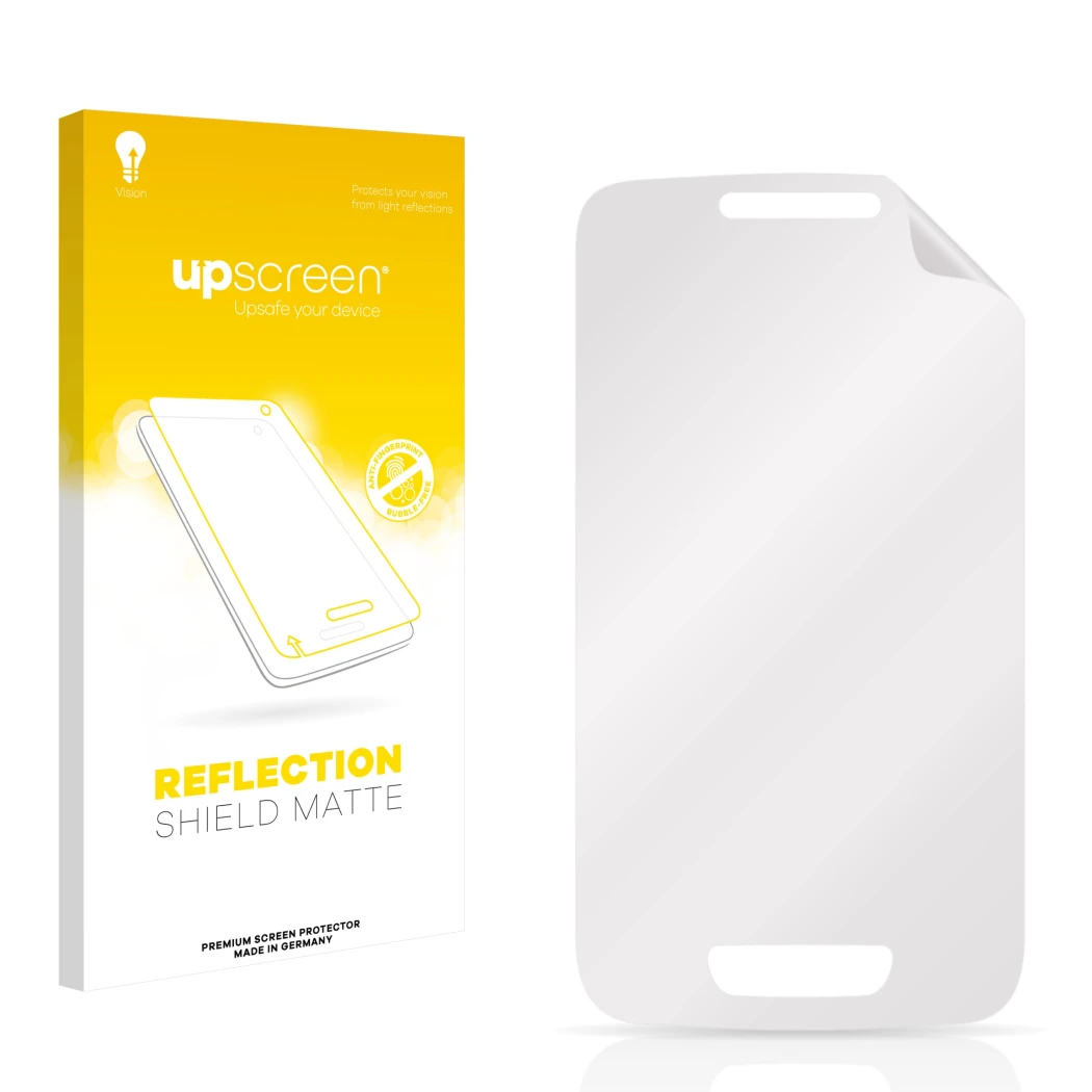 Face avant d’un emballage produit avec le logo de la marque upscreen. À côté se trouve la protection d’écran correspondante.