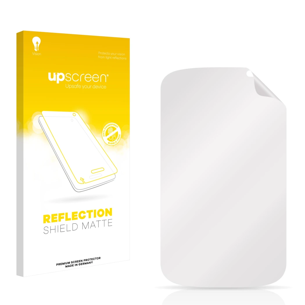 Face avant d’un emballage produit avec le logo de la marque upscreen. À côté se trouve la protection d’écran correspondante.