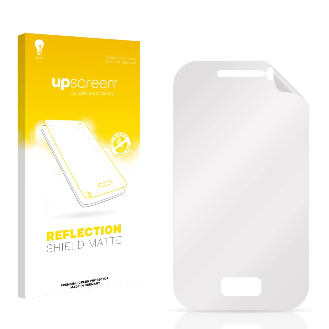 Face avant d’un emballage produit avec le logo de la marque upscreen. À côté se trouve la protection d’écran correspondante.