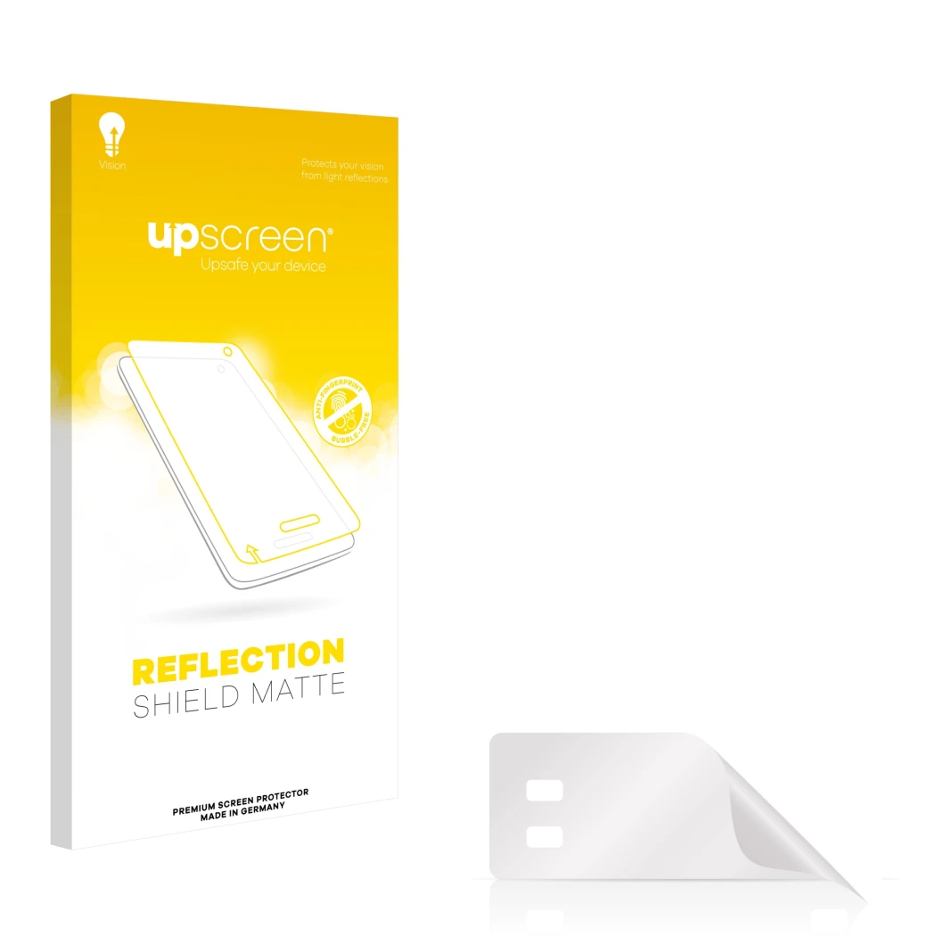 Face avant d’un emballage produit avec le logo de la marque upscreen. À côté se trouve la protection d’écran correspondante.
