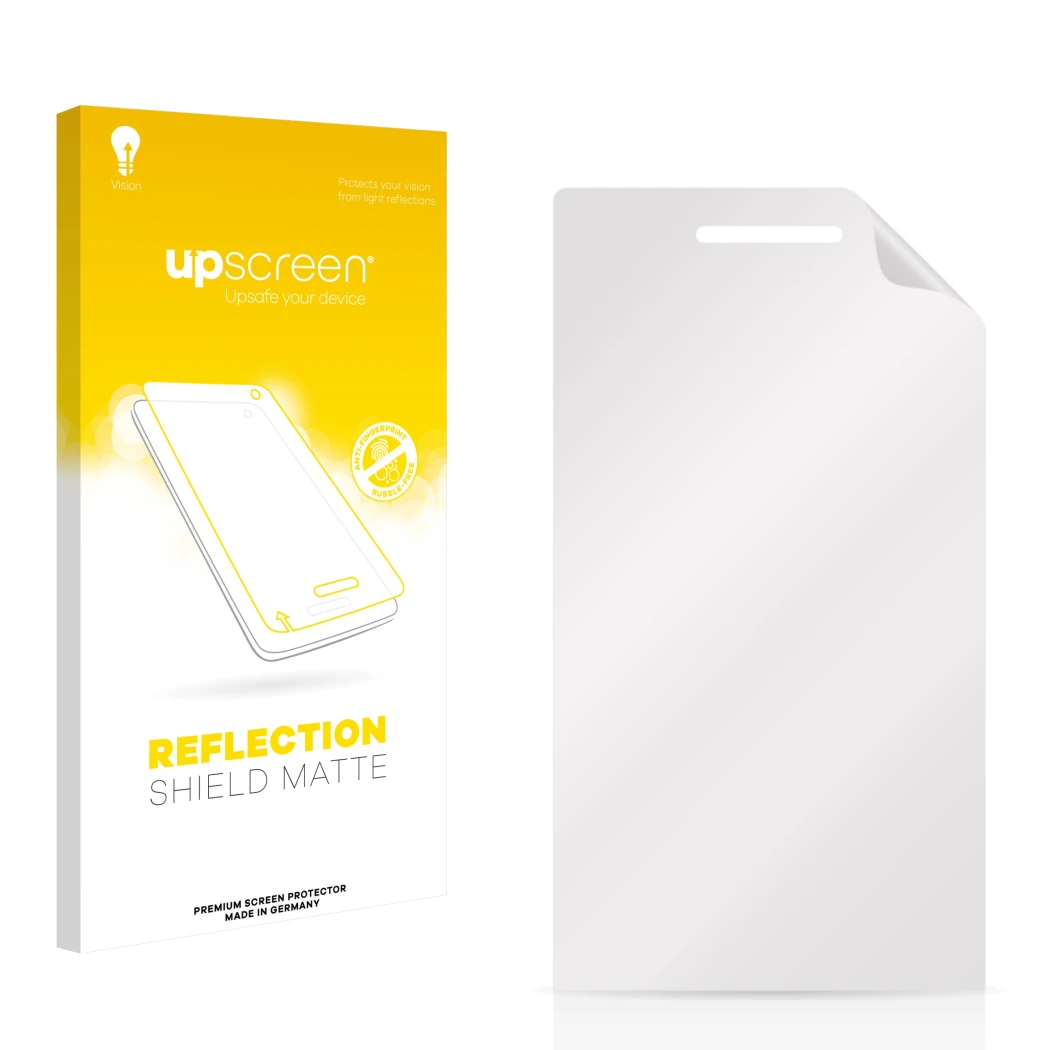 Face avant d’un emballage produit avec le logo de la marque upscreen. À côté se trouve la protection d’écran correspondante.