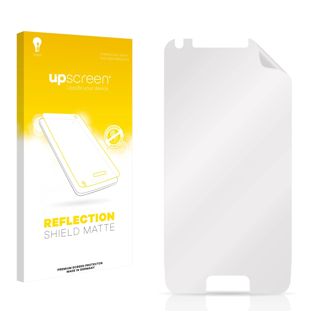 Face avant d’un emballage produit avec le logo de la marque upscreen. À côté se trouve la protection d’écran correspondante.