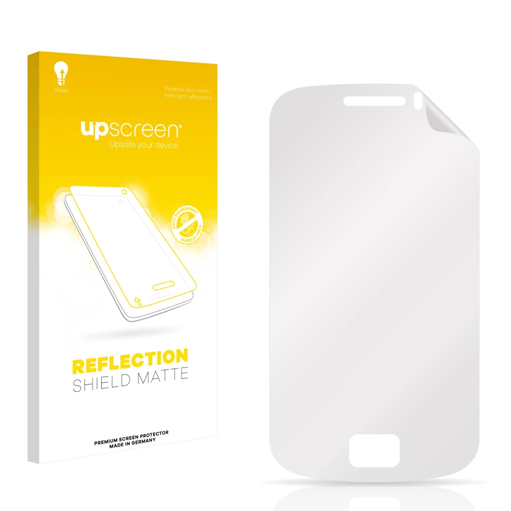 Face avant d’un emballage produit avec le logo de la marque upscreen. À côté se trouve la protection d’écran correspondante.