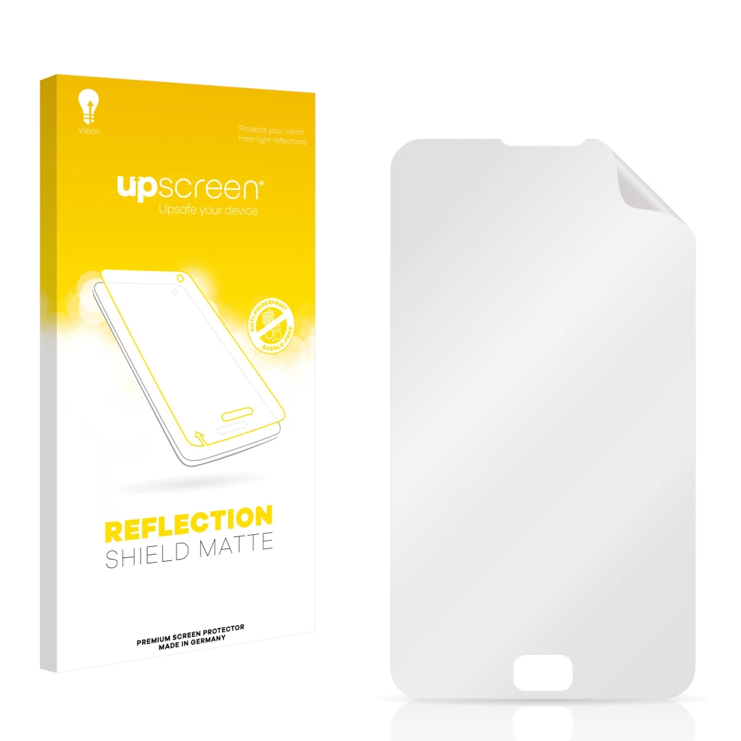 Face avant d’un emballage produit avec le logo de la marque upscreen. À côté se trouve la protection d’écran correspondante.
