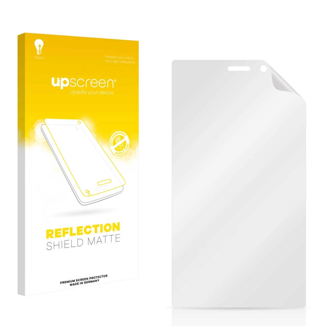 Face avant d’un emballage produit avec le logo de la marque upscreen. À côté se trouve la protection d’écran correspondante.