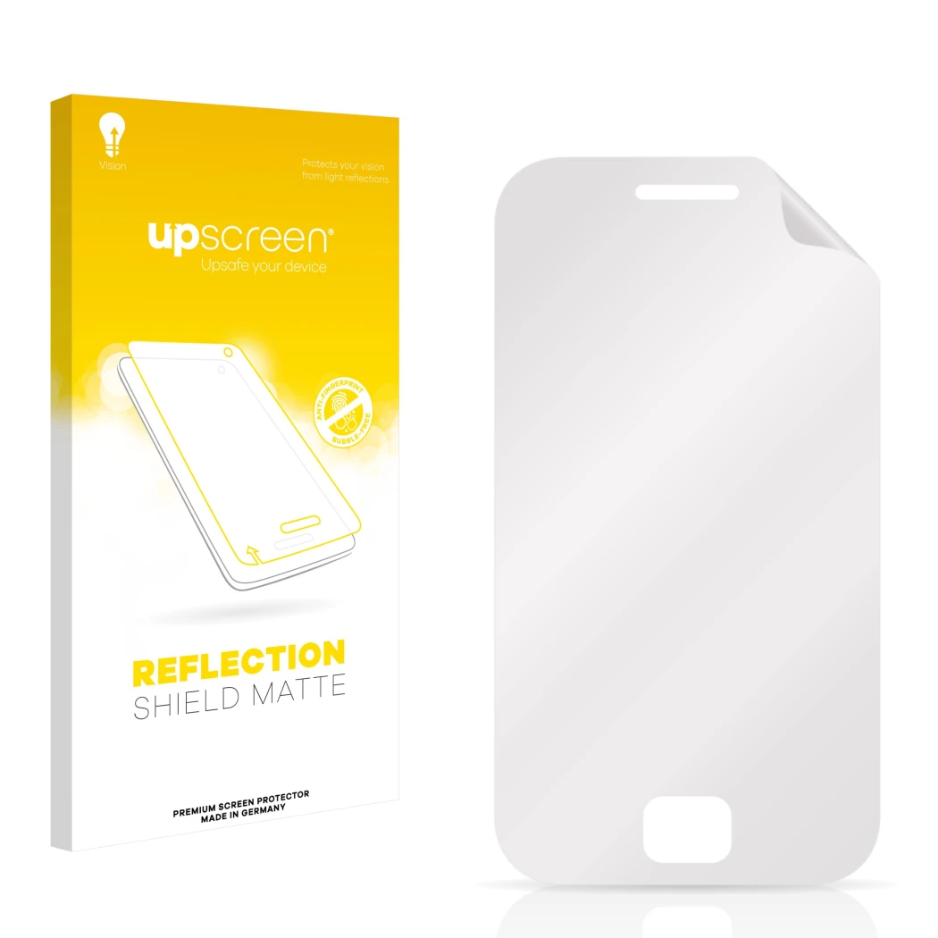 Face avant d’un emballage produit avec le logo de la marque upscreen. À côté se trouve la protection d’écran correspondante.