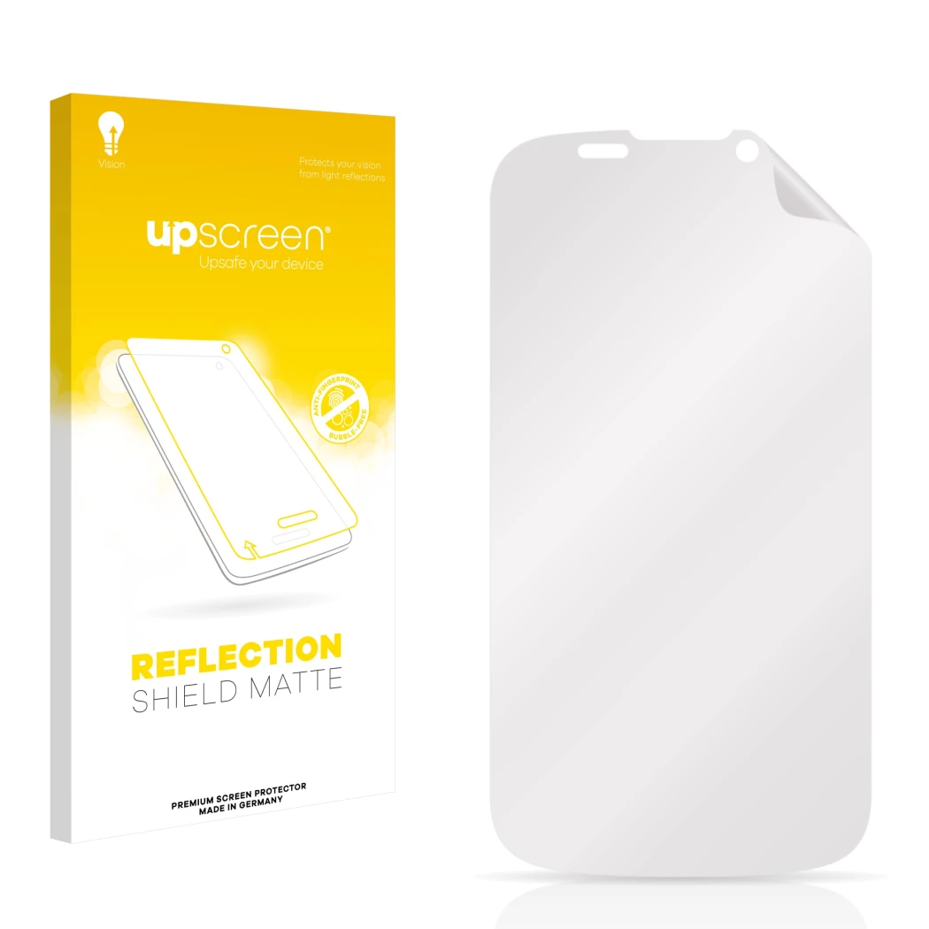 Face avant d’un emballage produit avec le logo de la marque upscreen. À côté se trouve la protection d’écran correspondante.