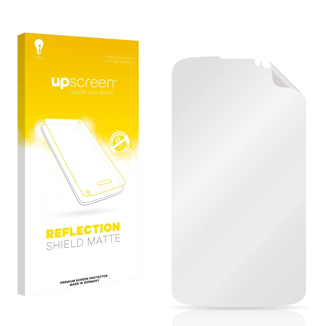 Face avant d’un emballage produit avec le logo de la marque upscreen. À côté se trouve la protection d’écran correspondante.