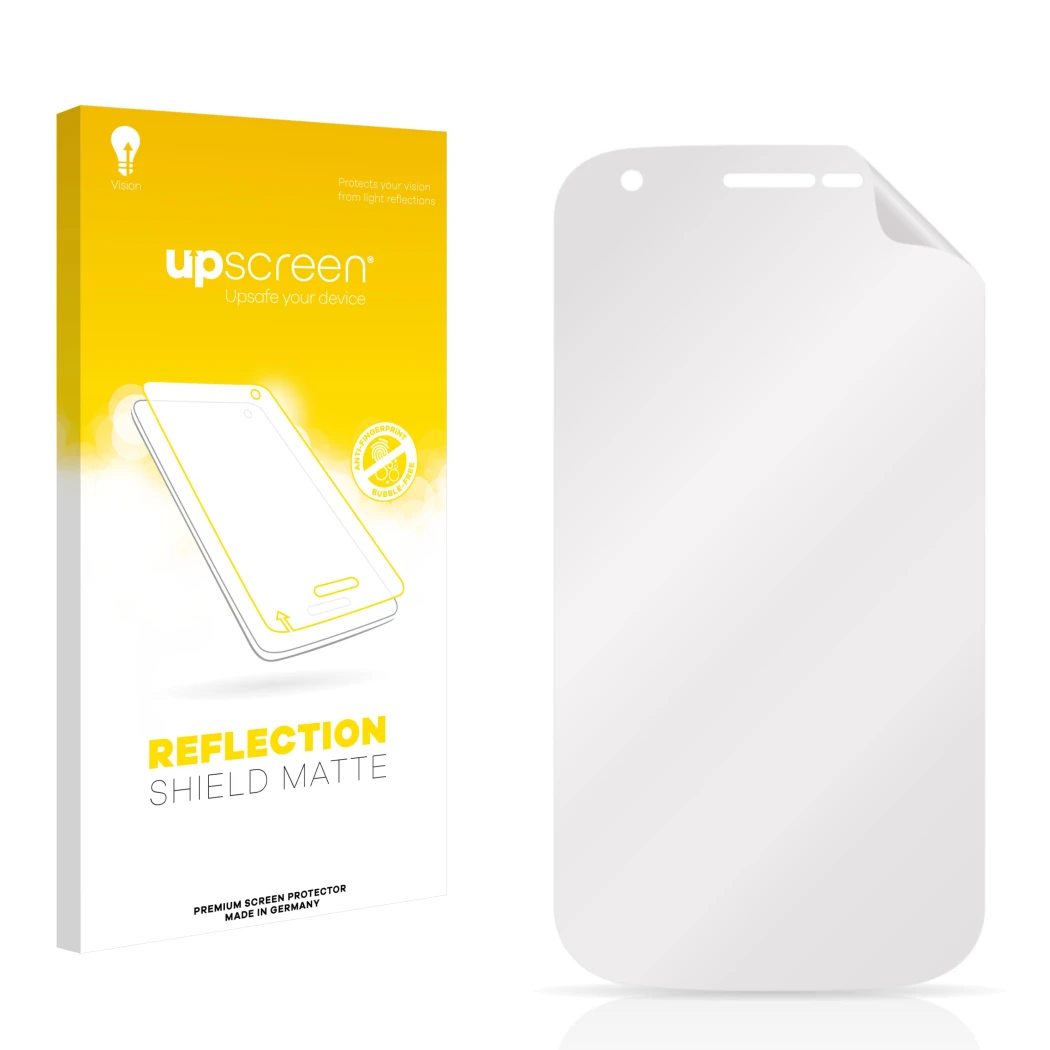 Face avant d’un emballage produit avec le logo de la marque upscreen. À côté se trouve la protection d’écran correspondante.