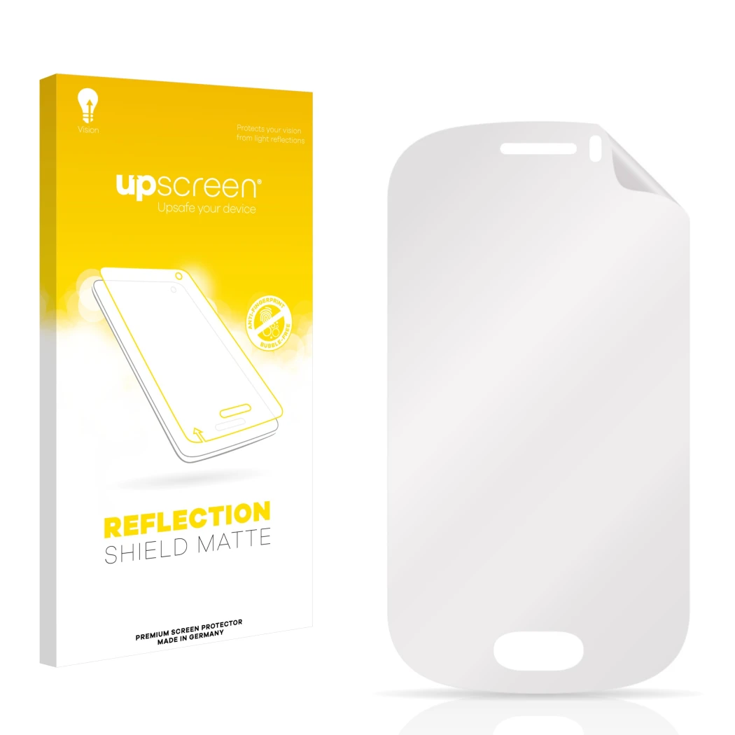 Face avant d’un emballage produit avec le logo de la marque upscreen. À côté se trouve la protection d’écran correspondante.