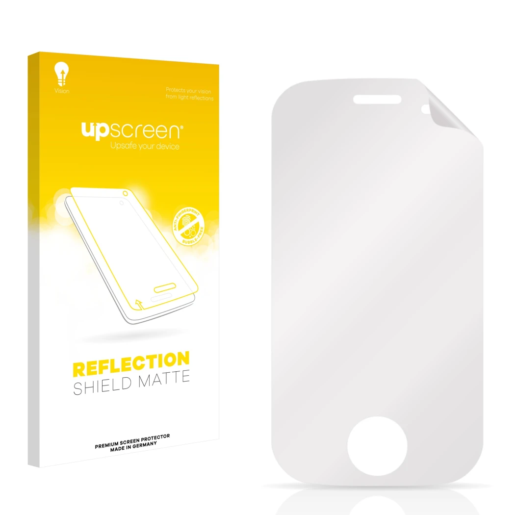 Face avant d’un emballage produit avec le logo de la marque upscreen. À côté se trouve la protection d’écran correspondante.