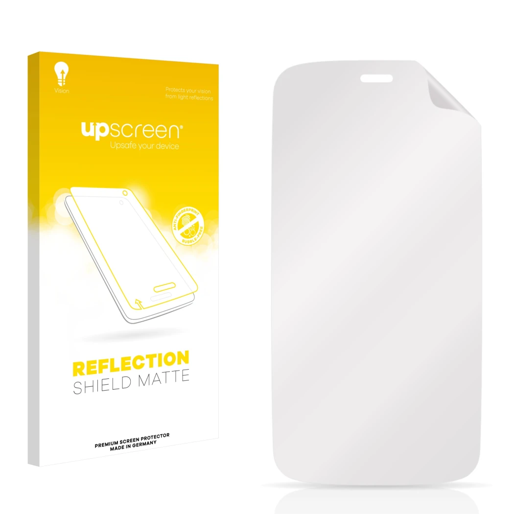 Face avant d’un emballage produit avec le logo de la marque upscreen. À côté se trouve la protection d’écran correspondante.