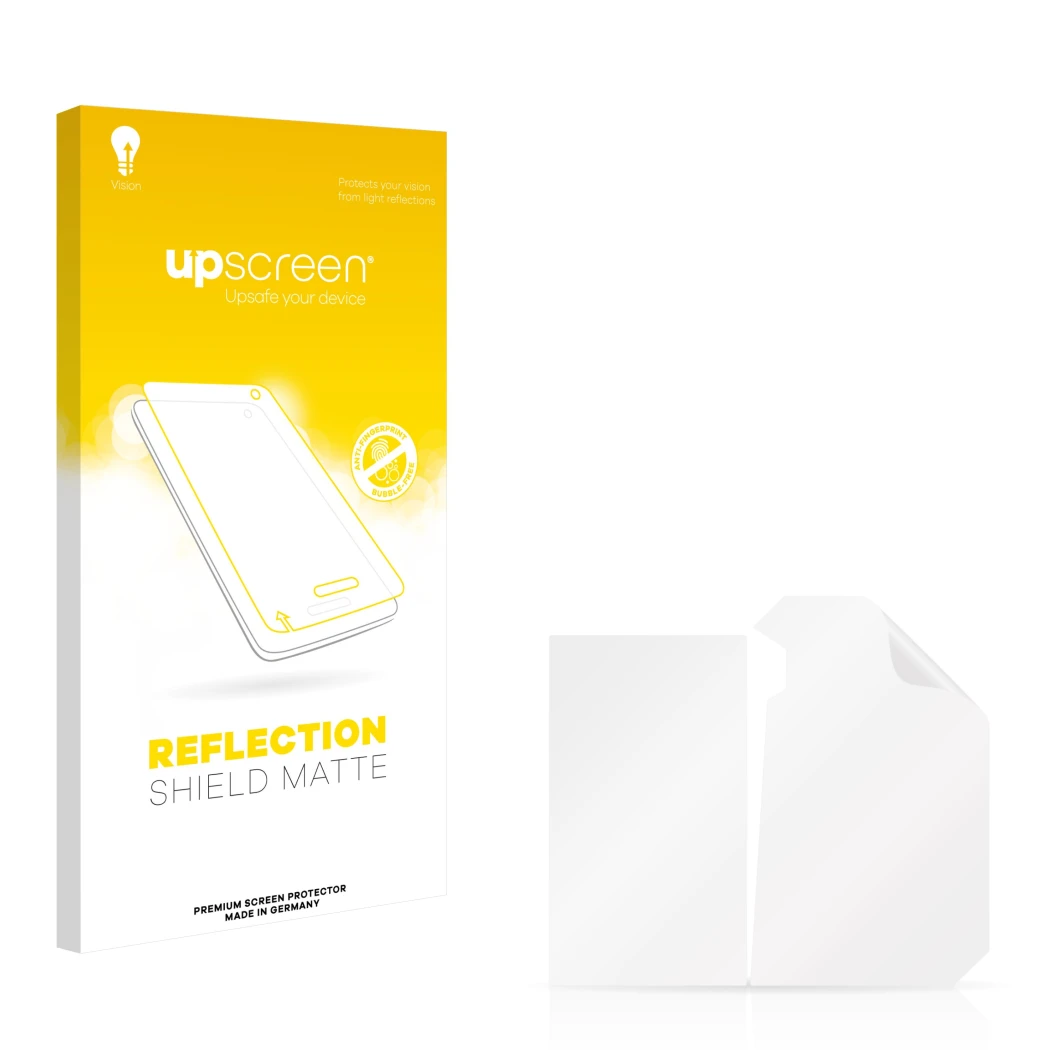 Face avant d’un emballage produit avec le logo de la marque upscreen. À côté se trouve la protection d’écran correspondante.