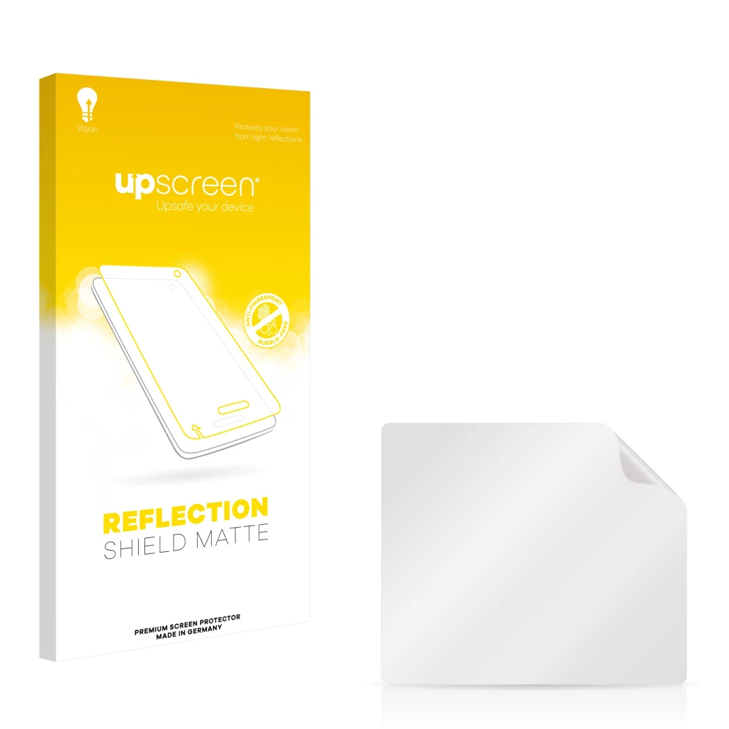 Face avant d’un emballage produit avec le logo de la marque upscreen. À côté se trouve la protection d’écran correspondante.