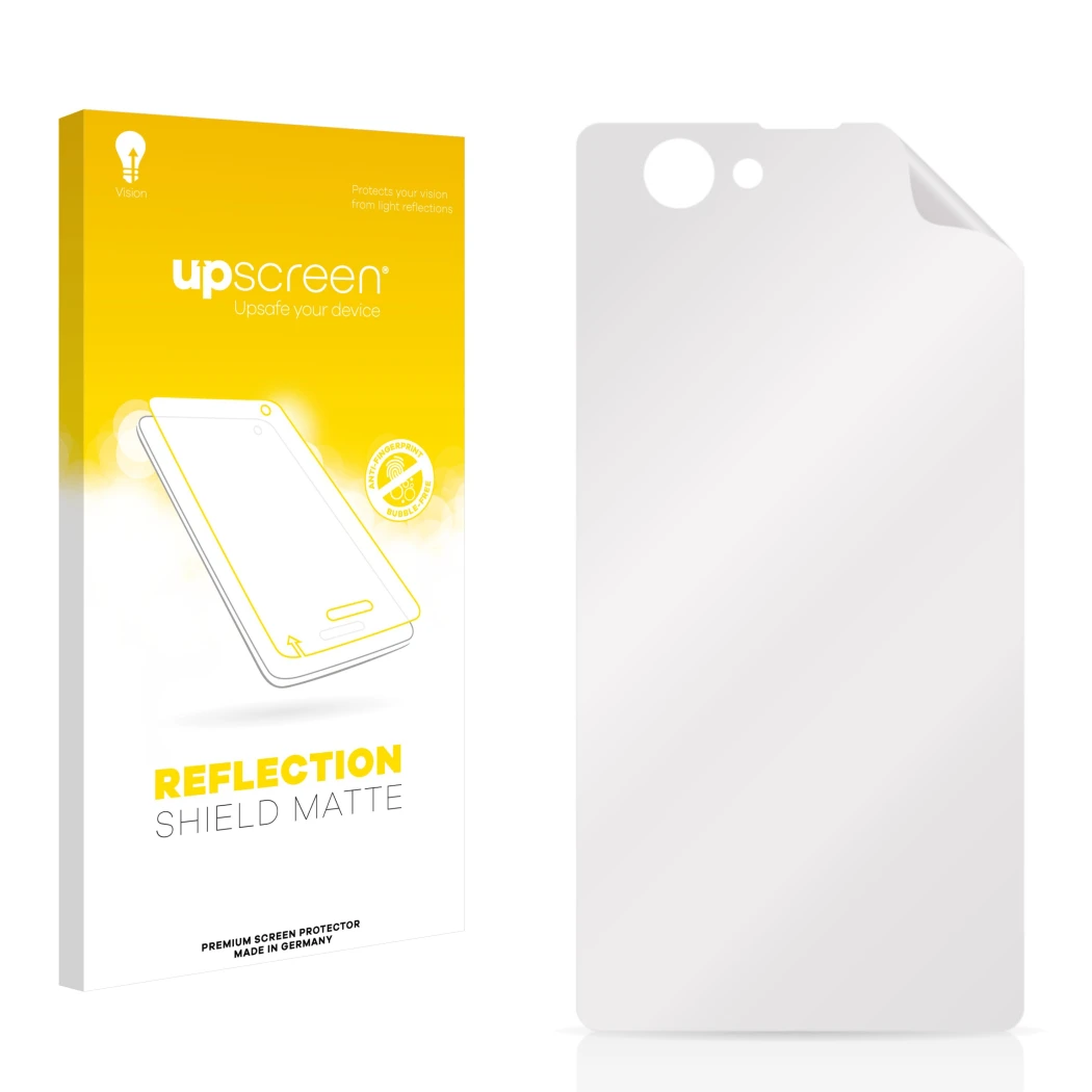 Face avant d’un emballage produit avec le logo de la marque upscreen. À côté se trouve la protection d’écran correspondante.